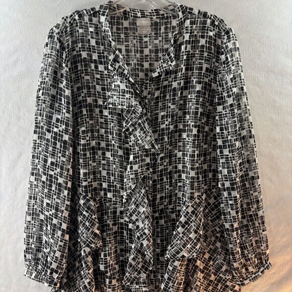 Chicos Black & White Geometric Ruffle Blouse Size 1 (6/8/10) Sheer Lightweight L - Picture 2 of 11